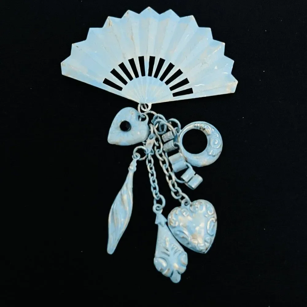 Vintage Enamel Steampunk Whimsical Fan Heart Dangle Chain Brooch Unique 4264